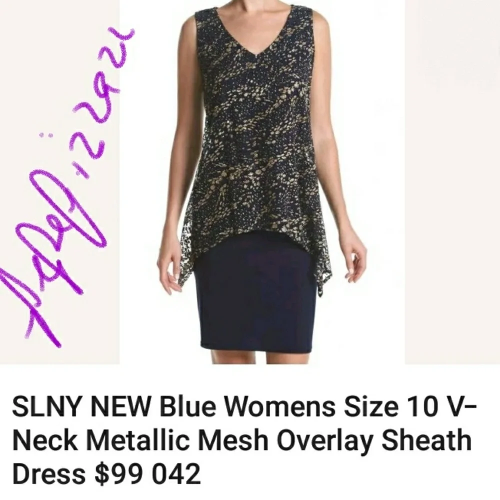 SLNY vneck mesh overlay sheath dress Semi Formal - Picture 3 of 6